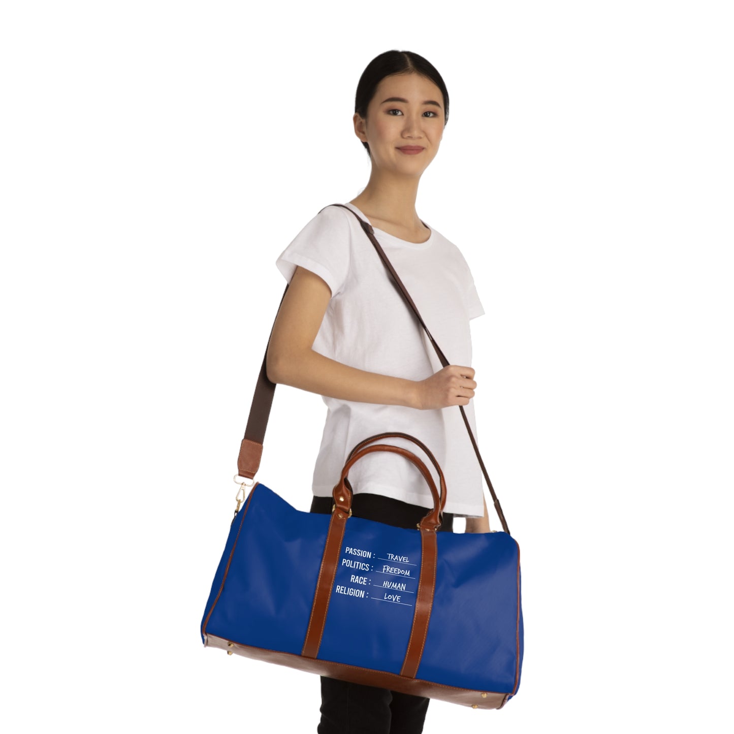 Travel. Freedom. Human. Love Waterproof Travel Bag