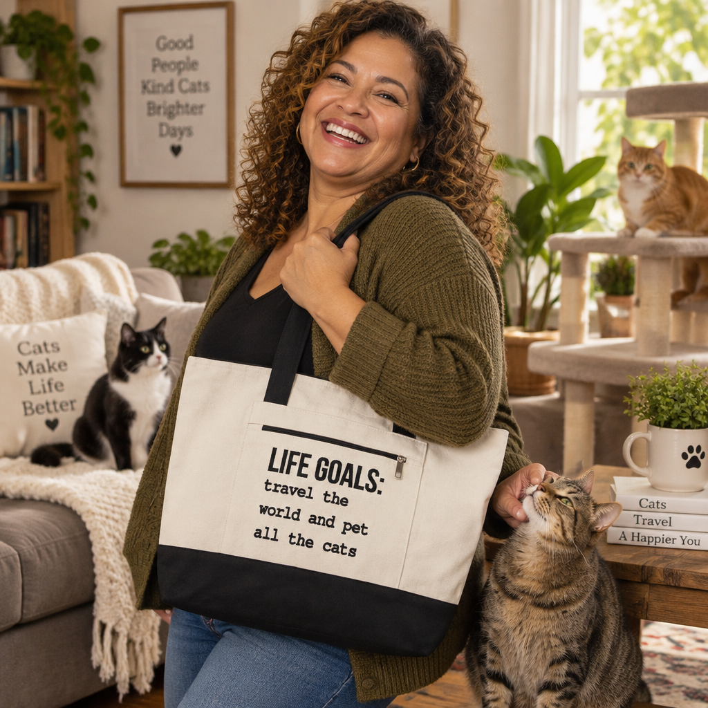 Passport Stamps & Kitty Paws / Life Goals Travel Zippered Tote Bag